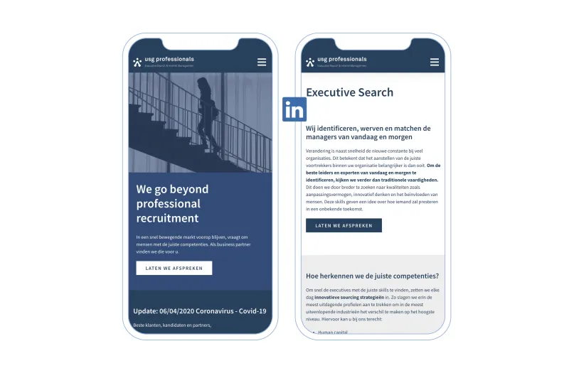 GSM mock-up van USG Executive Search met LinkedIn logo.