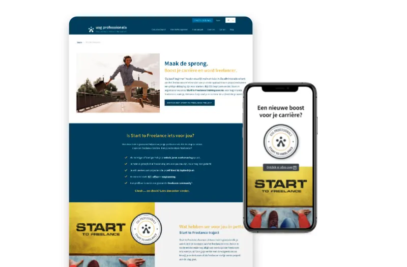 Tablet en GSM mock-up van de USG Start to Freelance landingspagina.